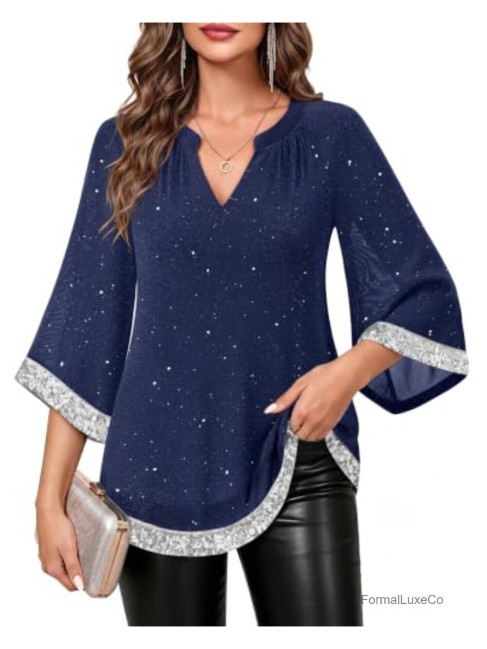 Women's Sequin Tunic Top 3/4 Sleeve V-Neck Sparkly Blouse Party